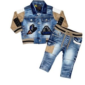 Beige Jean Set. Jacket And Pants Is A Size 18M And The Shirt Is A Size 12M.